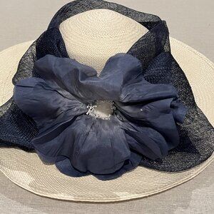 Derby Hat *Designer* White Oversized Blue Flower with White Center Blue Sinamay